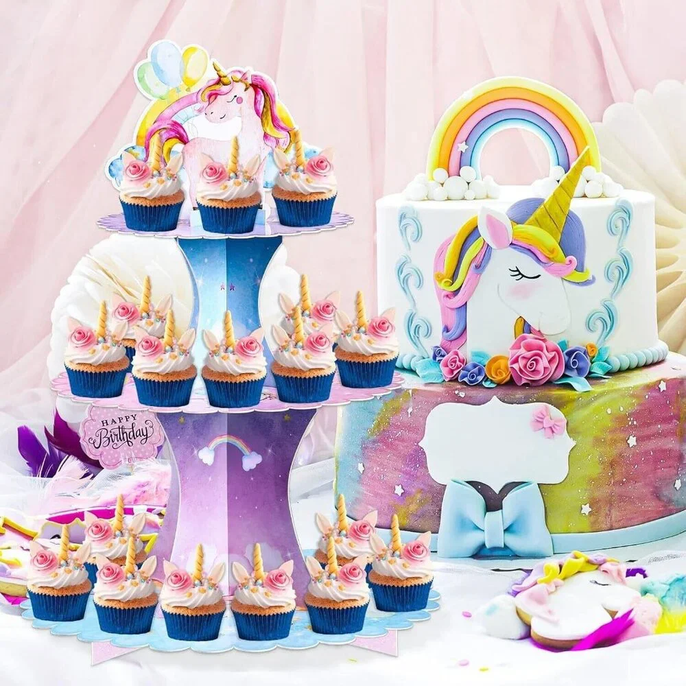 3 Tier Unicorn Cupcake Stand Watercolor Unicorn Cardboard Cupcake Holder  New